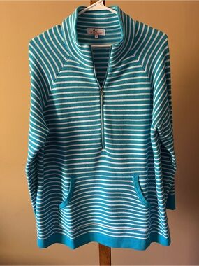 Breezes Teal and White Striped Half-Zip Sweater